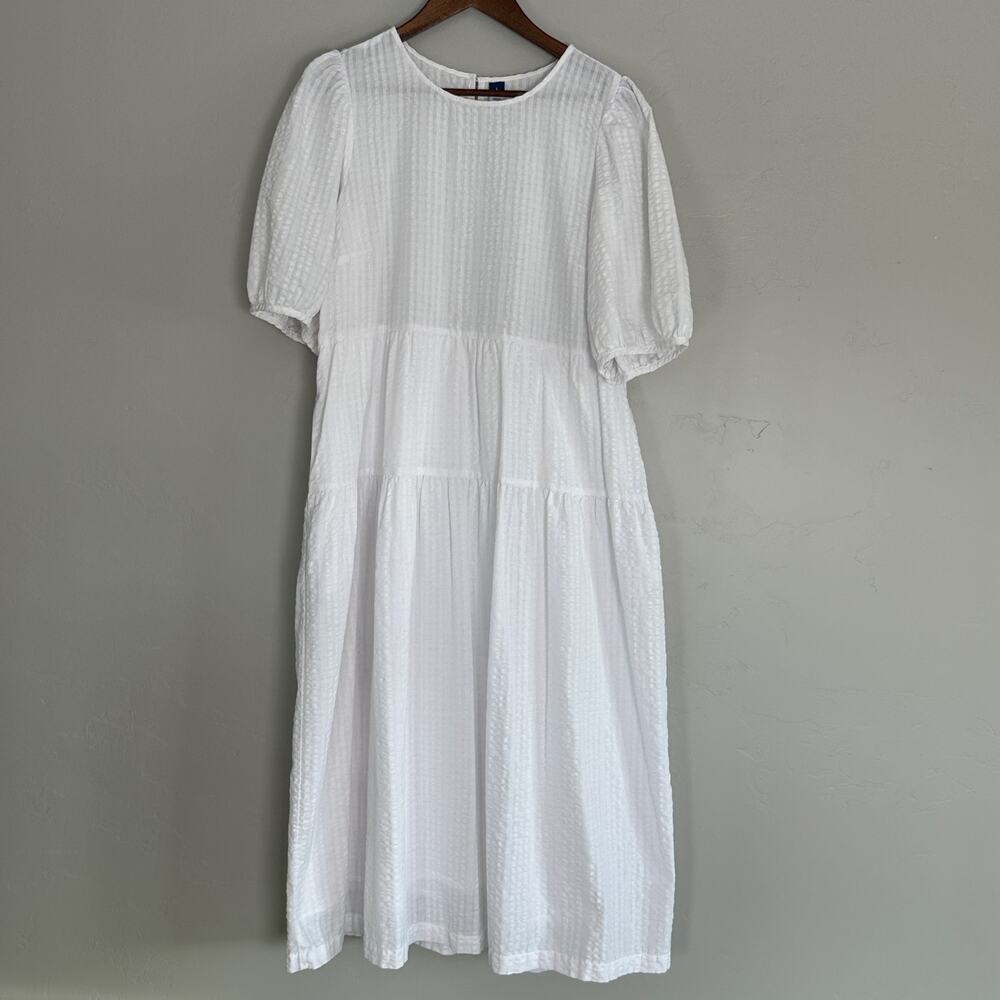 Old Navy Seersucker Tiered Maxi Dress Size Large White Cottagecore Coastal EUC